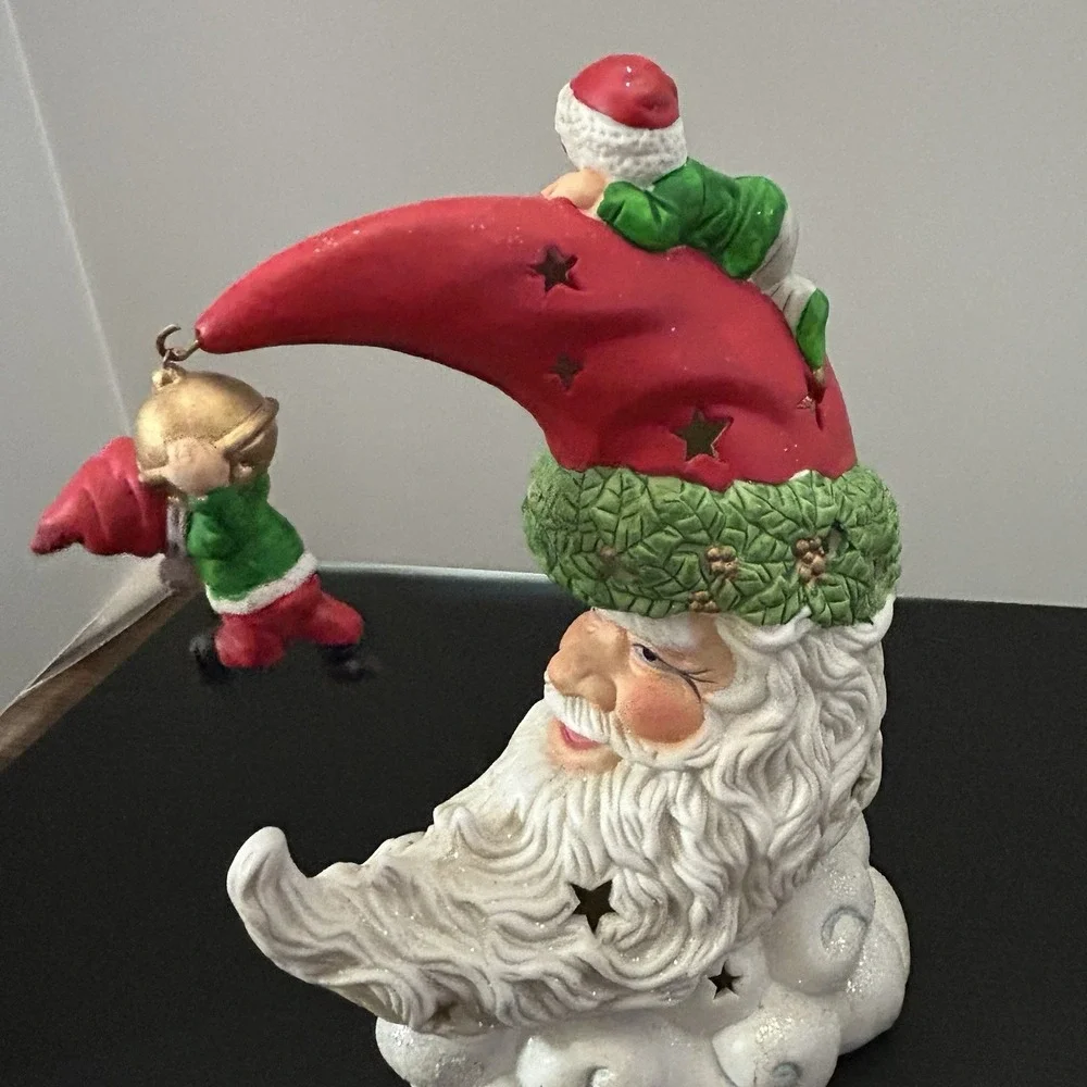 Light Up Ceramic Santa Moon Face With Elves‎ Christmas Decor Star Cutout